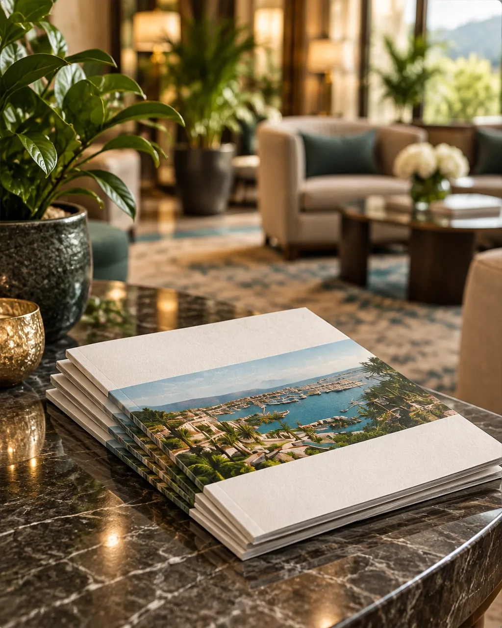 Printed guest directories displayed in a welcoming hotel lobby
